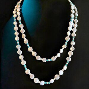 14K Gold Double Strand Coin Pearl Necklace Turquoise Beaded Layered Long Necklac